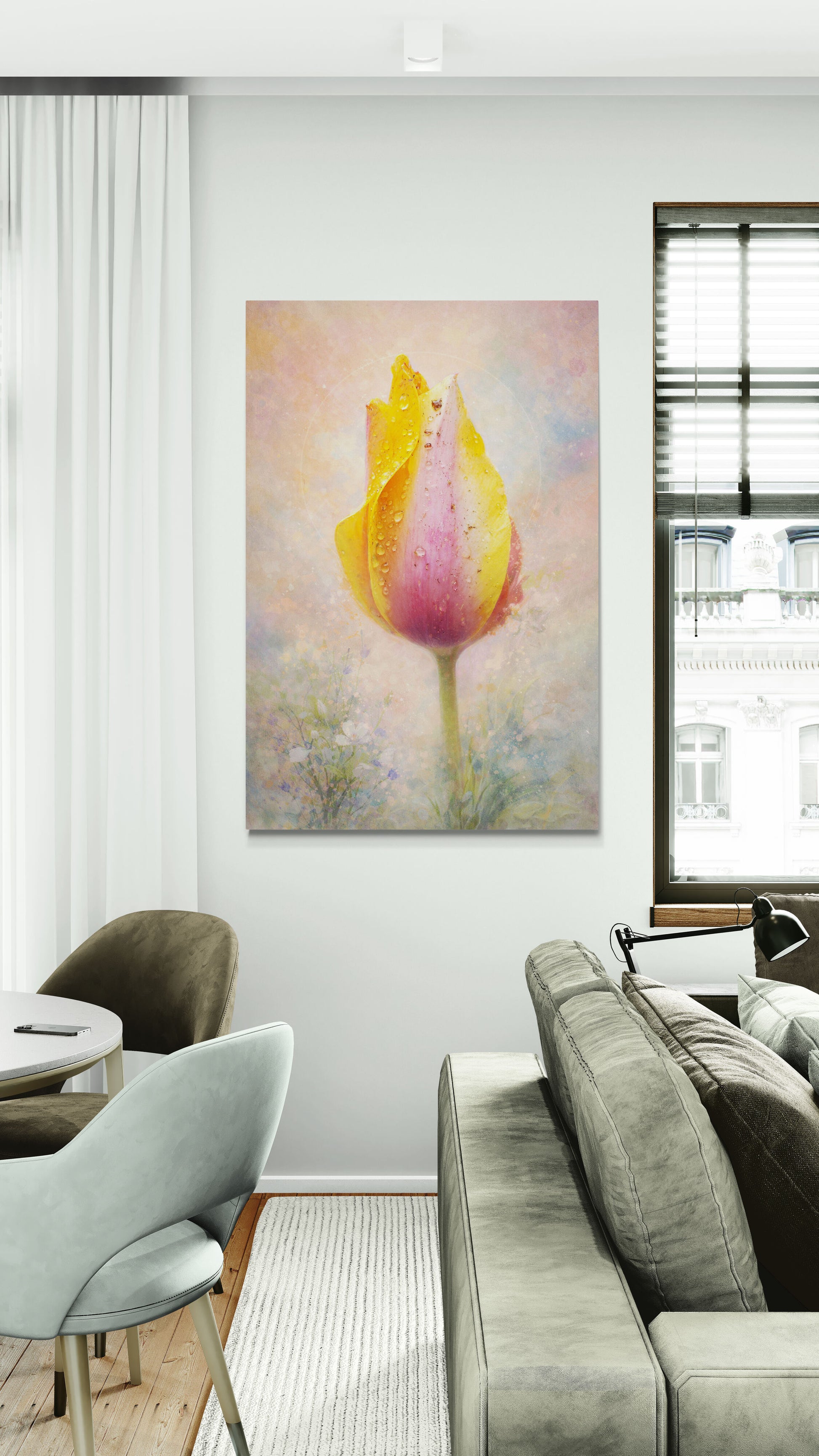 Living room with a large abstract painting of a tulip on the wall.