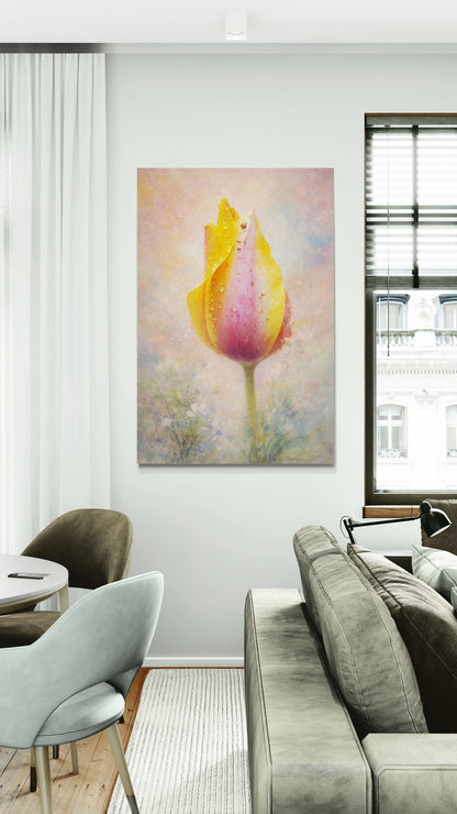 Living room with a large abstract painting of a tulip on the wall.