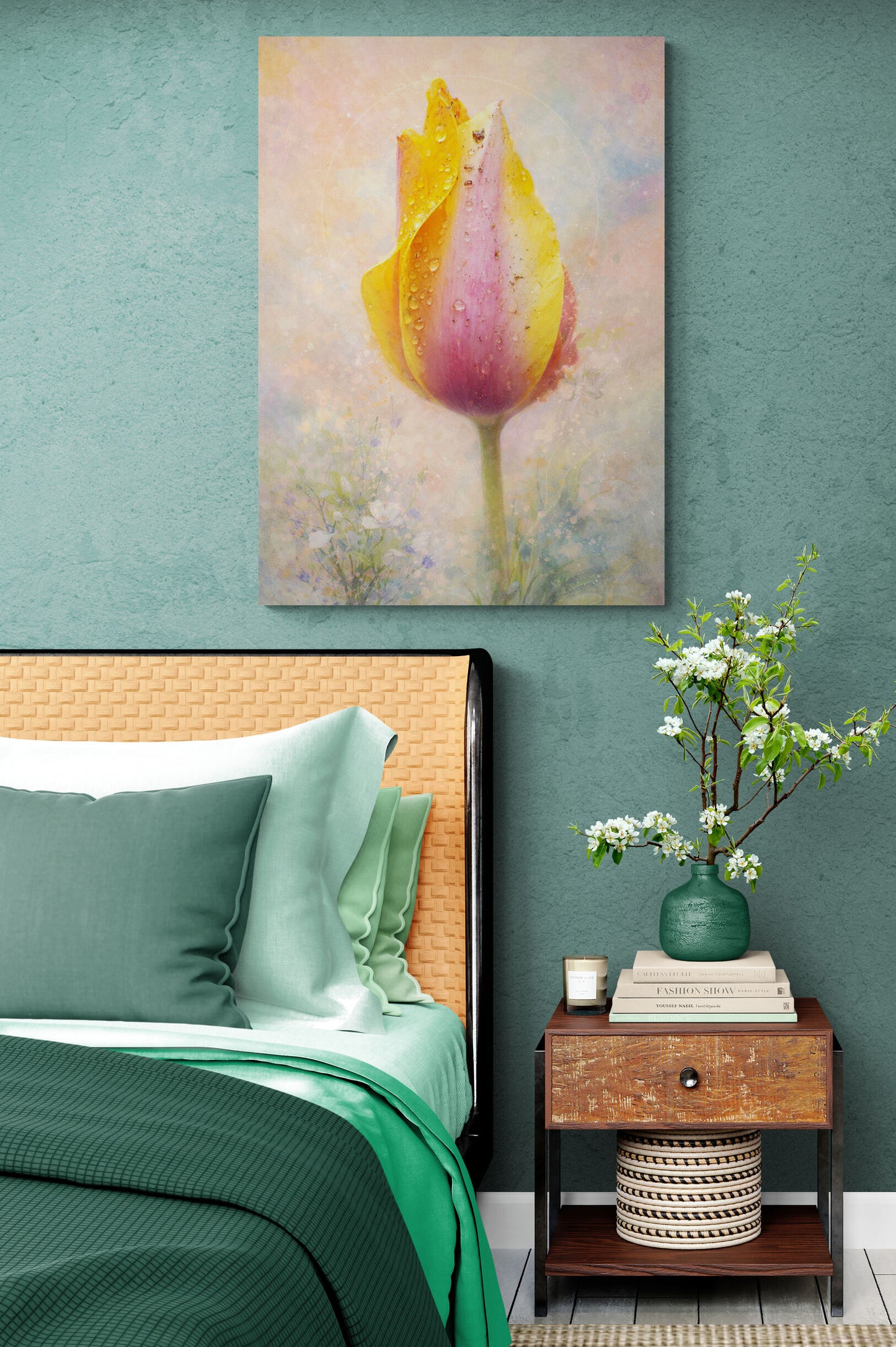 Bedroom with green walls, a yellow and pink tulip painting, and a wooden nightstand with a plant.