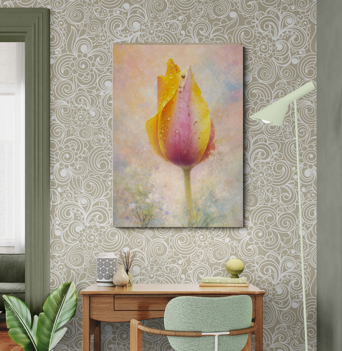 Decorative room interior with a painting of a tulip on a patterned wall.