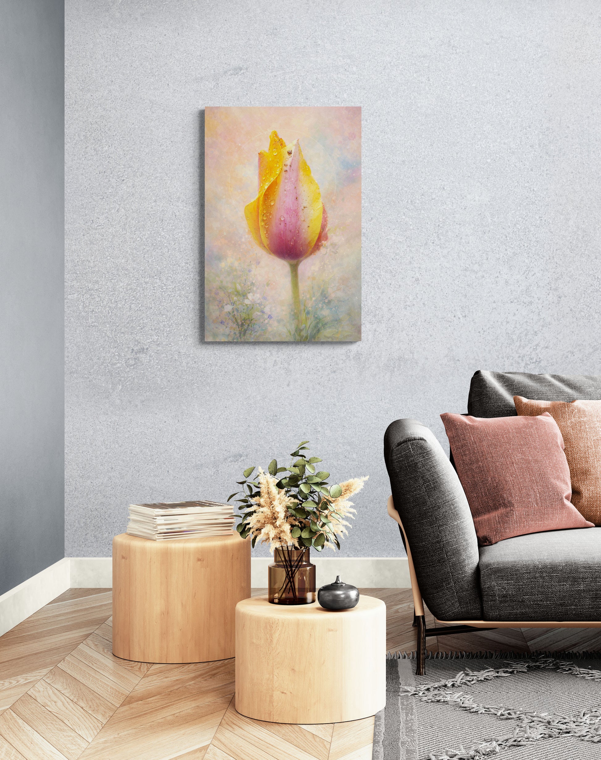 Living room with a gray sofa, wooden side table, and a painting of a tulip on the wall.