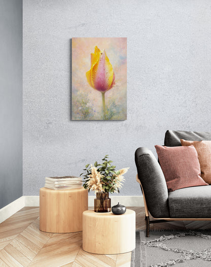 Living room with a gray sofa, wooden side table, and a painting of a tulip on the wall.