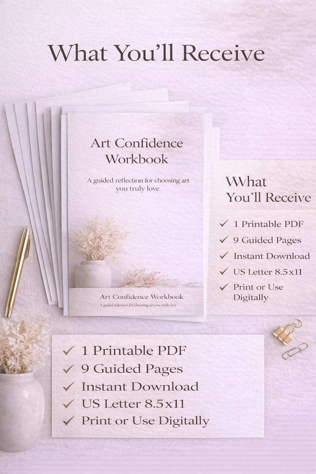 Art Confidence Workbook with printed PDF and guided pages on a light background