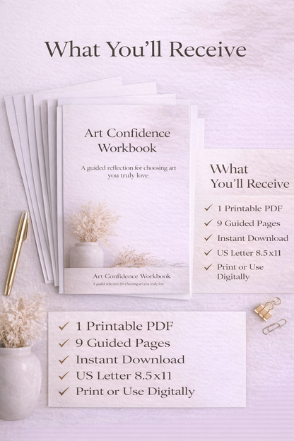 Art Confidence Workbook with printed PDF and guided pages on a light background