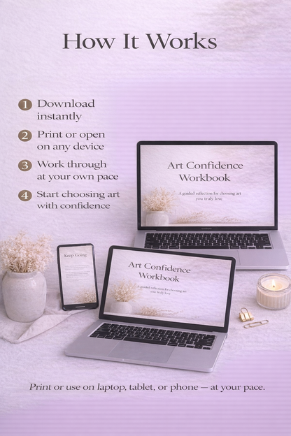 Laptop and tablet displaying 'Art Confidence Workbook' on a light purple background with text explaining the process.
