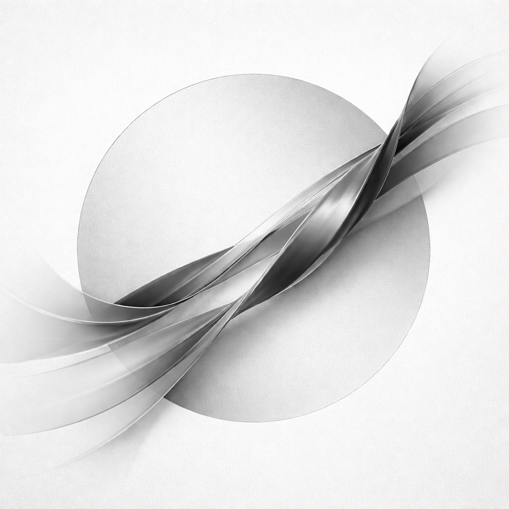 Abstract design of overlapping white and gray circular shapes on a light gray background