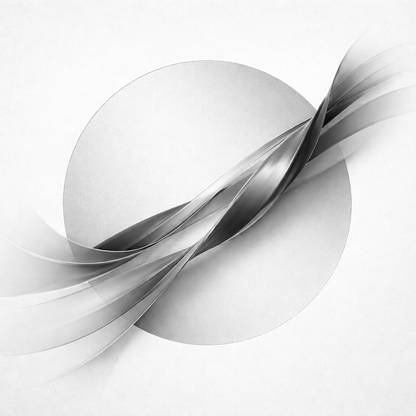 Abstract design of overlapping white and gray circular shapes on a light gray background