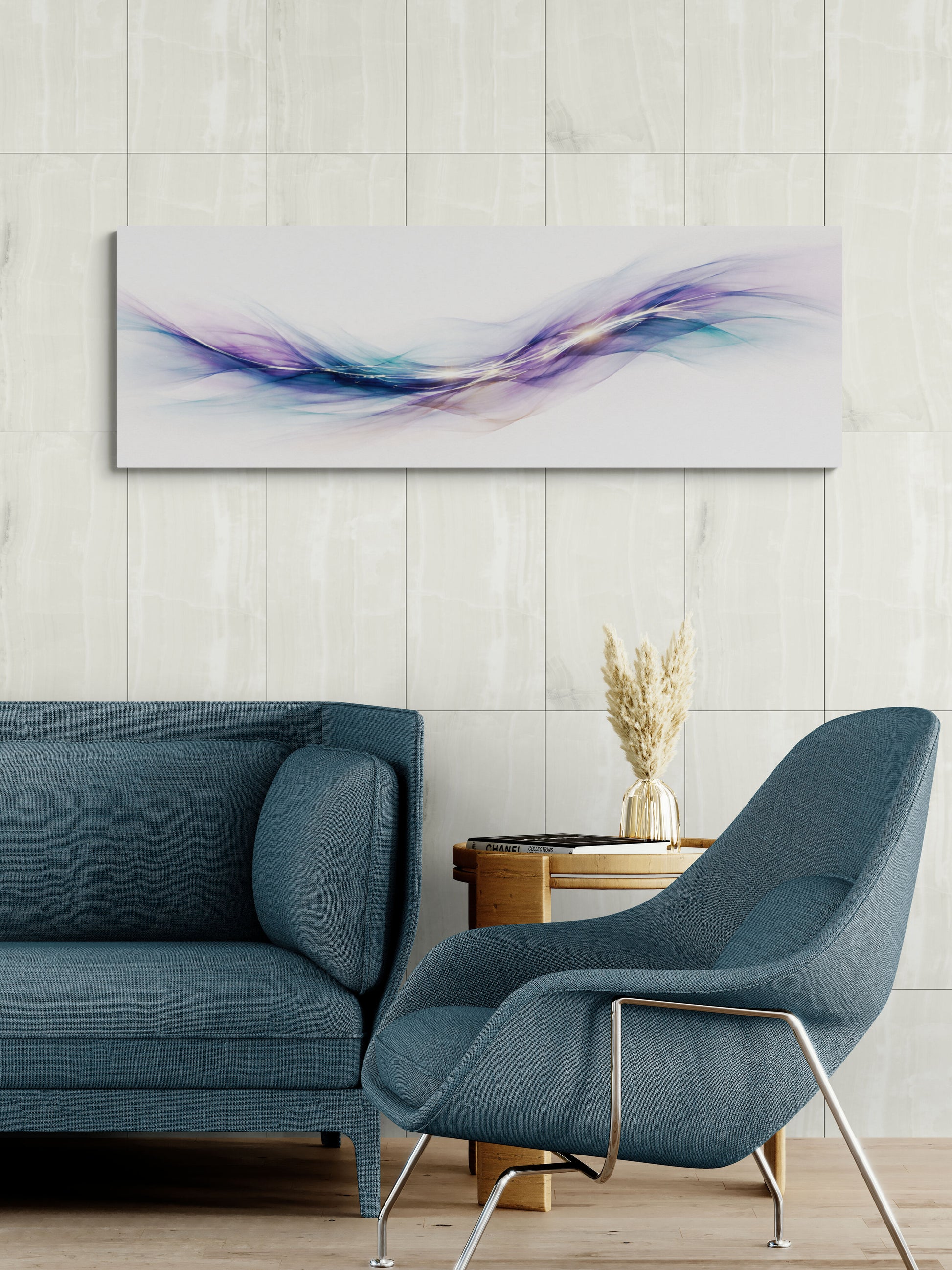 Modern living room with blue sofa and chair, abstract painting on wall