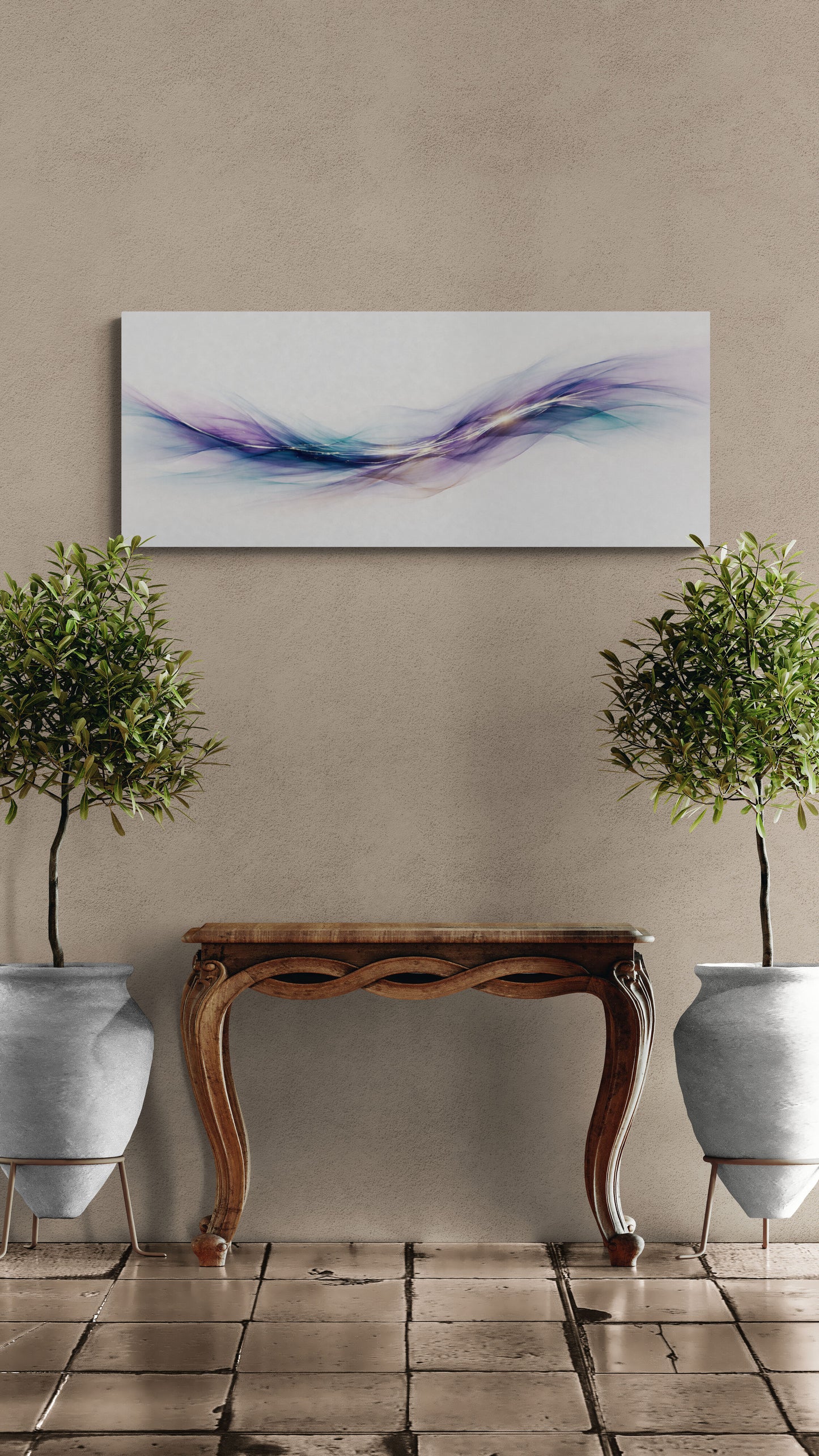 Abstract painting on a wall above a wooden console table with two potted plants.
