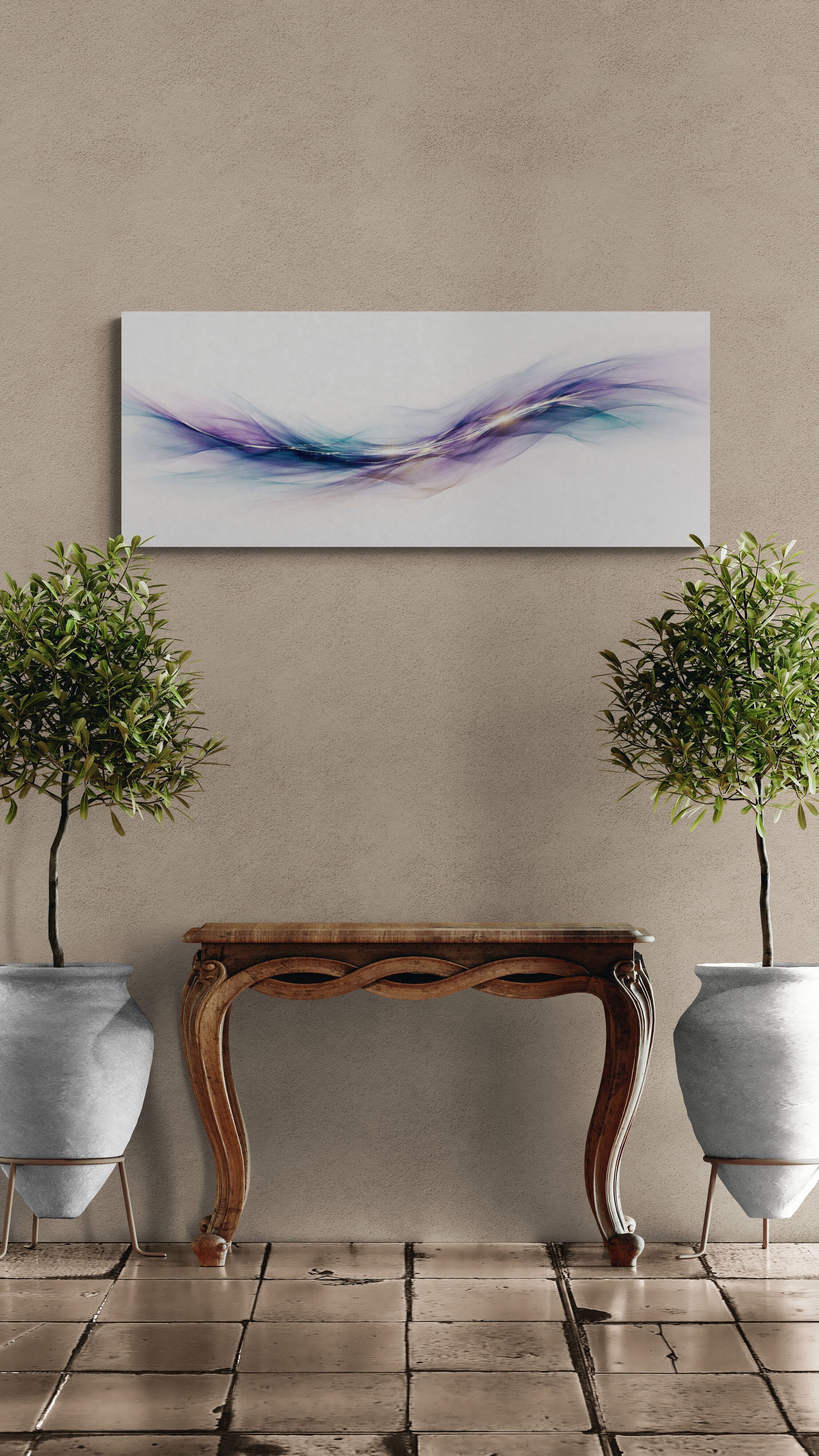 Abstract painting on a wall above a wooden console table with two potted plants.