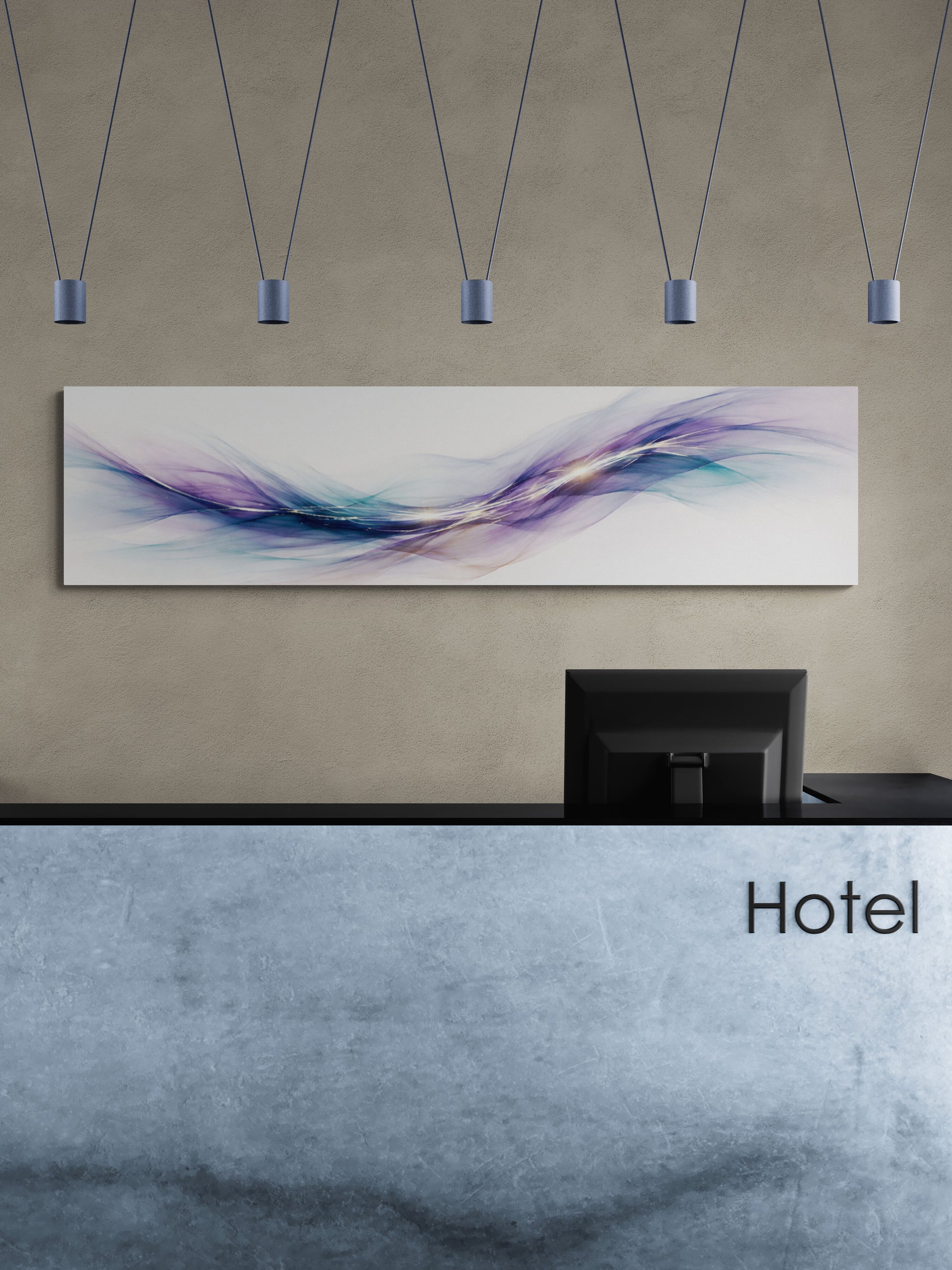 Modern hotel reception area with abstract painting and 'Hotel' sign.
