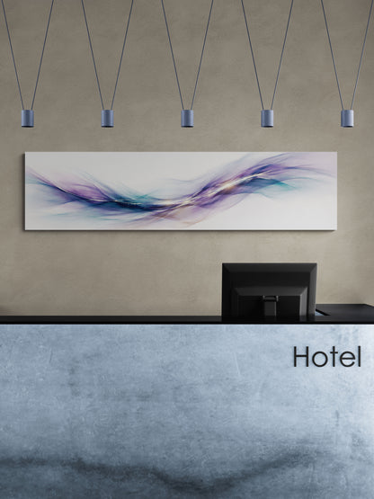 Modern hotel reception area with abstract painting and 'Hotel' sign.