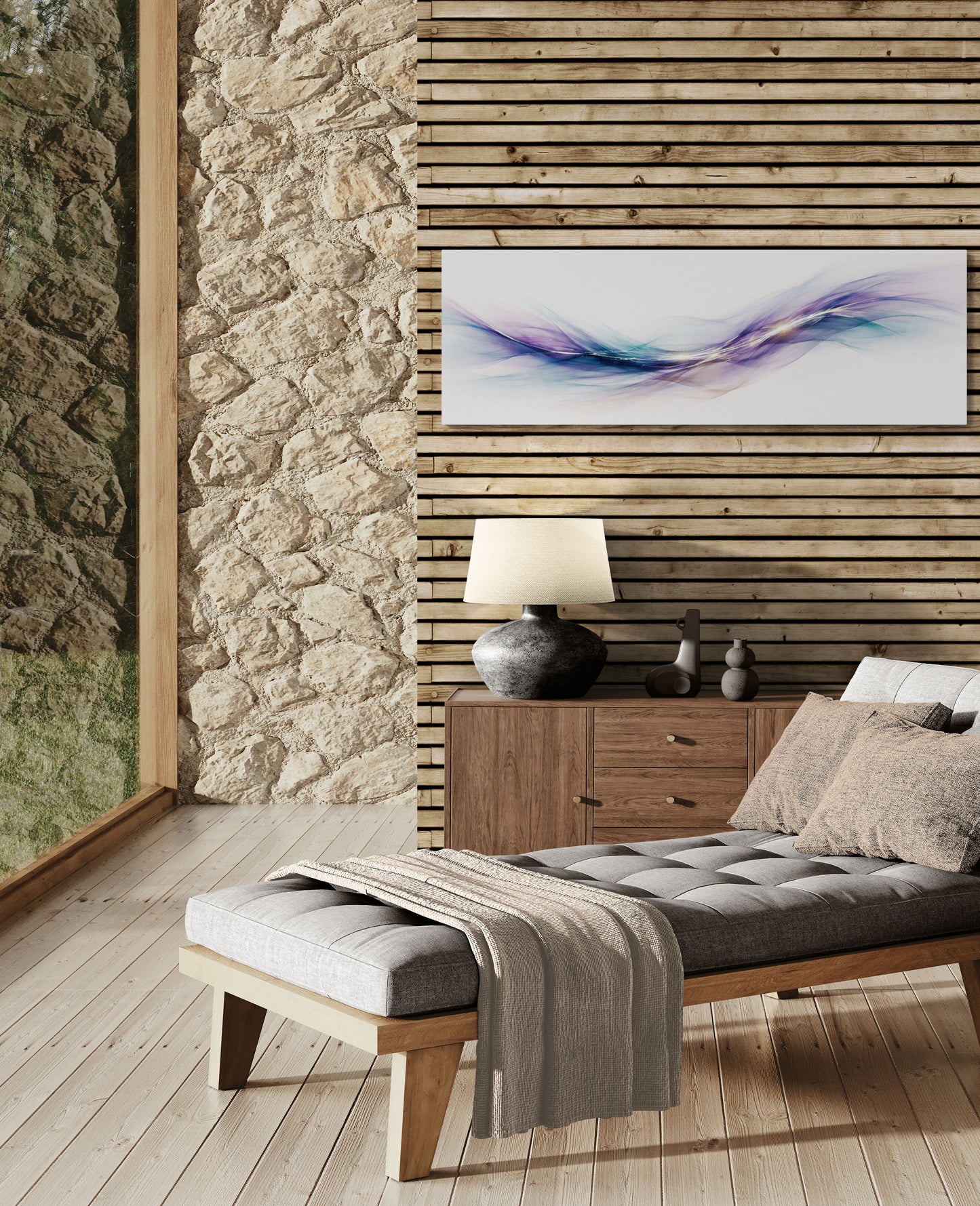 Modern bedroom with stone wall, wooden slat panel, and abstract painting.