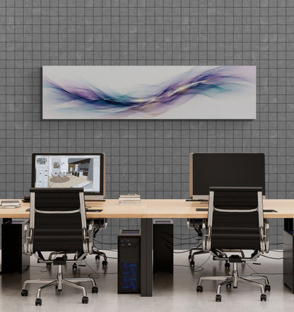 Modern office setup with two desks, chairs, and a large abstract painting on the wall.