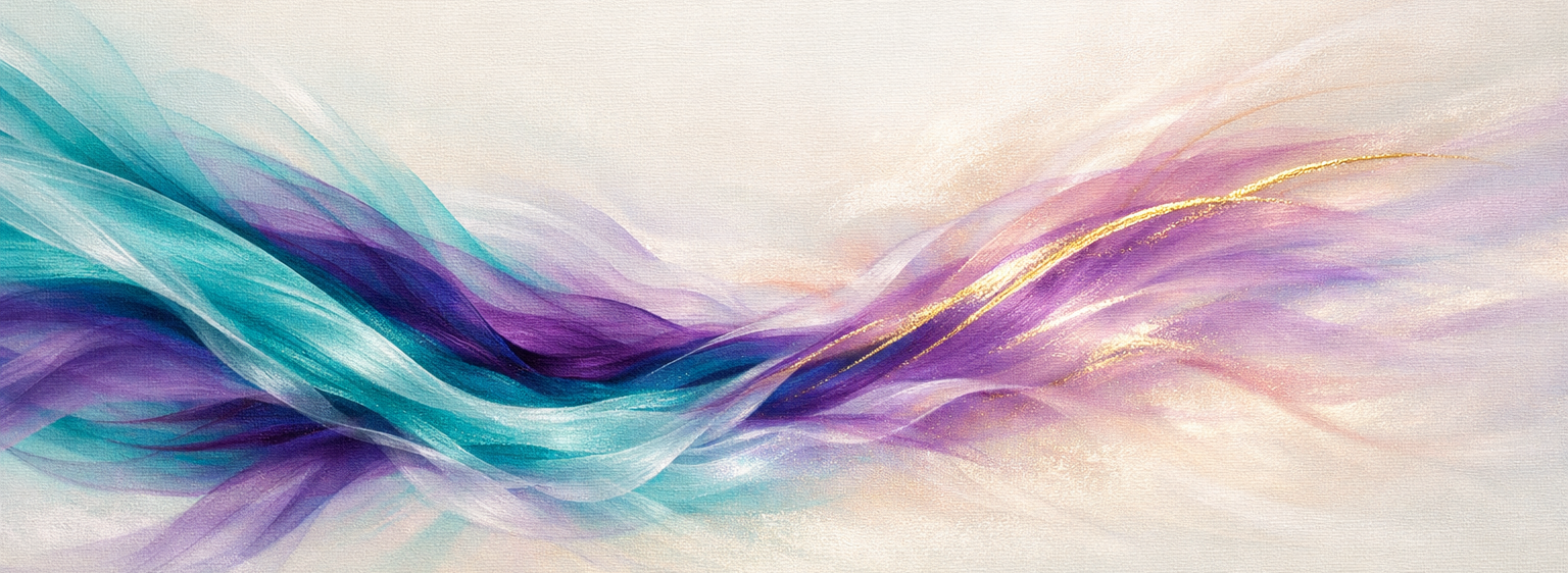 Abstract artwork with wavy lines in blue, purple, and gold on a light background