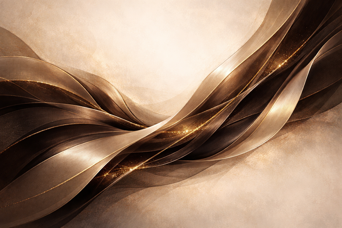 Abstract design of wavy, metallic gold ribbons on a textured beige background
