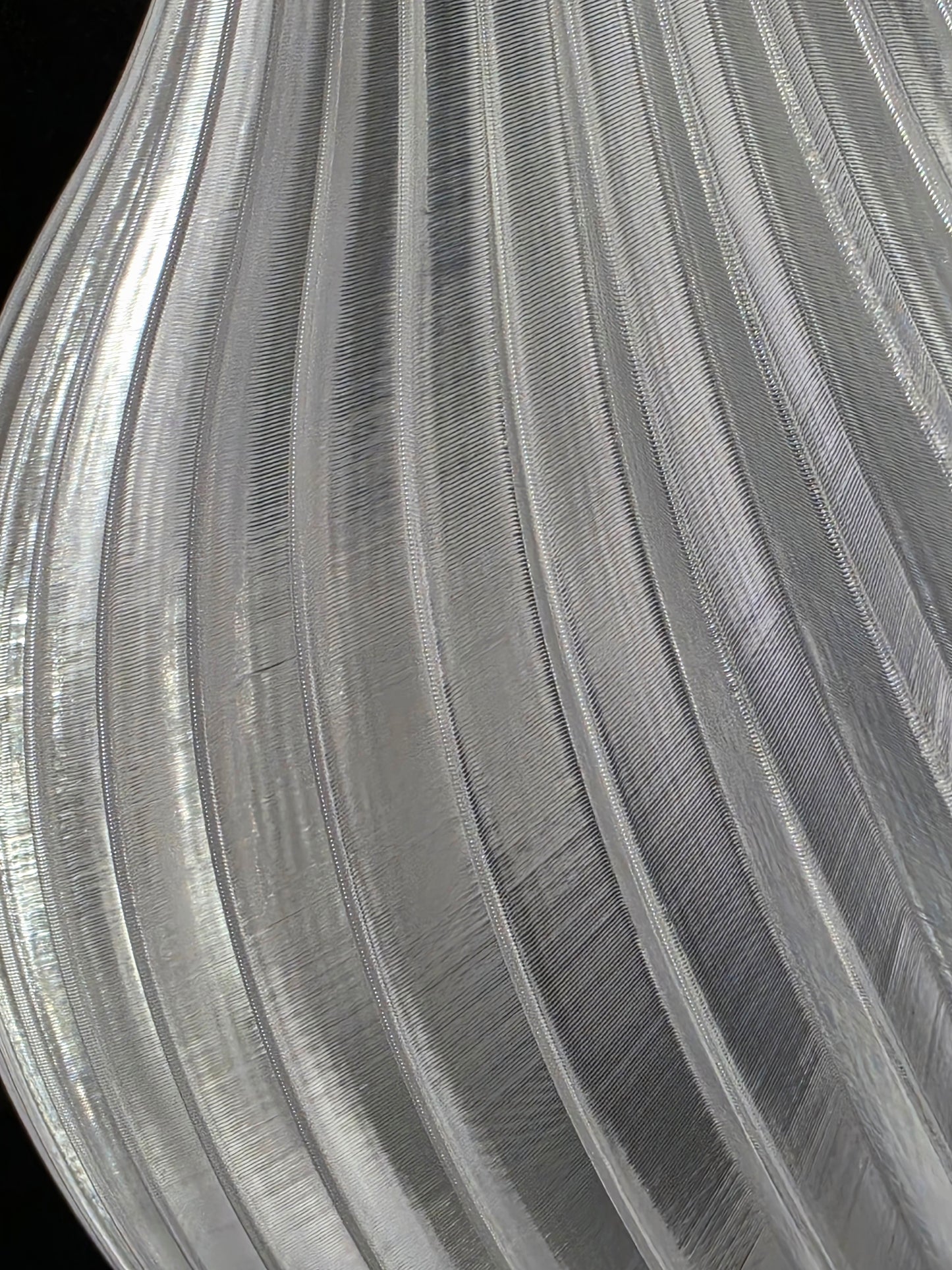 Close-up of a textured clear vase with concentric circular patterns