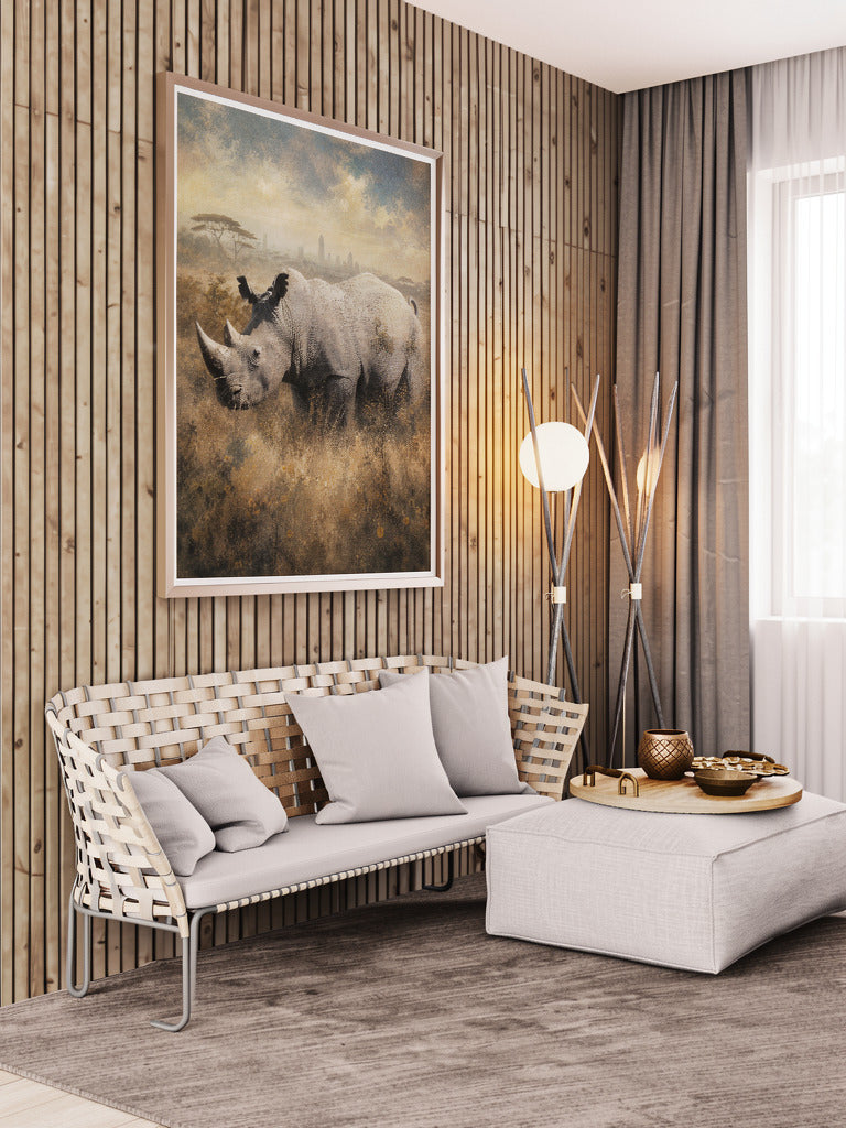 Modern living room with a sofa, decorative pillows, and a framed picture of a rhinoceros on a wooden wall.