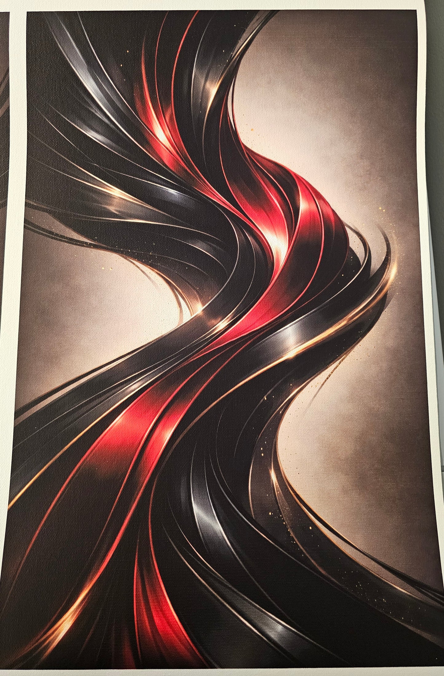 Abstract artwork with wavy red and black lines on a dark background