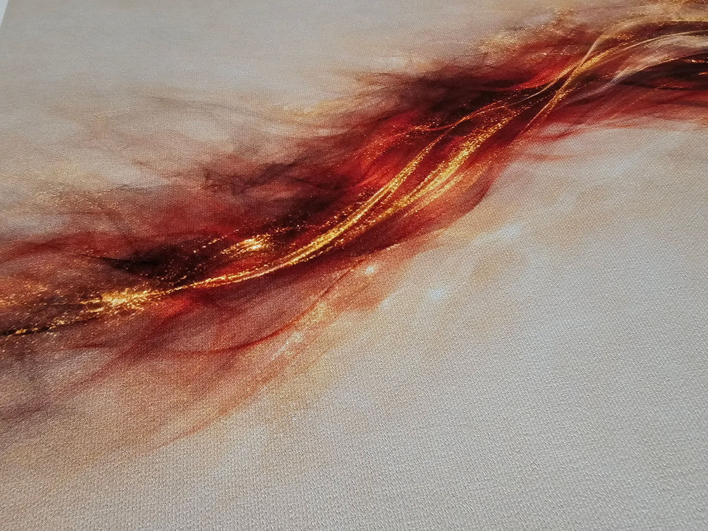 Abstract art with flowing brown and gold colors on a textured beige background