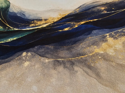 Abstract art with wavy lines in blue, gold, and gray on a textured surface