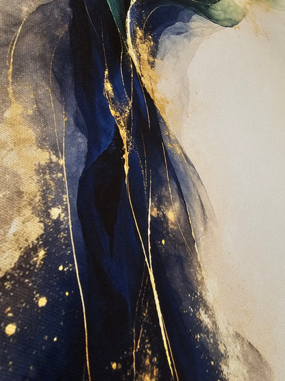Abstract art with wavy lines and gold accents on a dark background