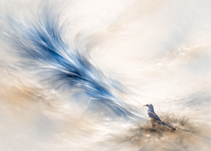 Bird standing on a branch with abstract blue and white background