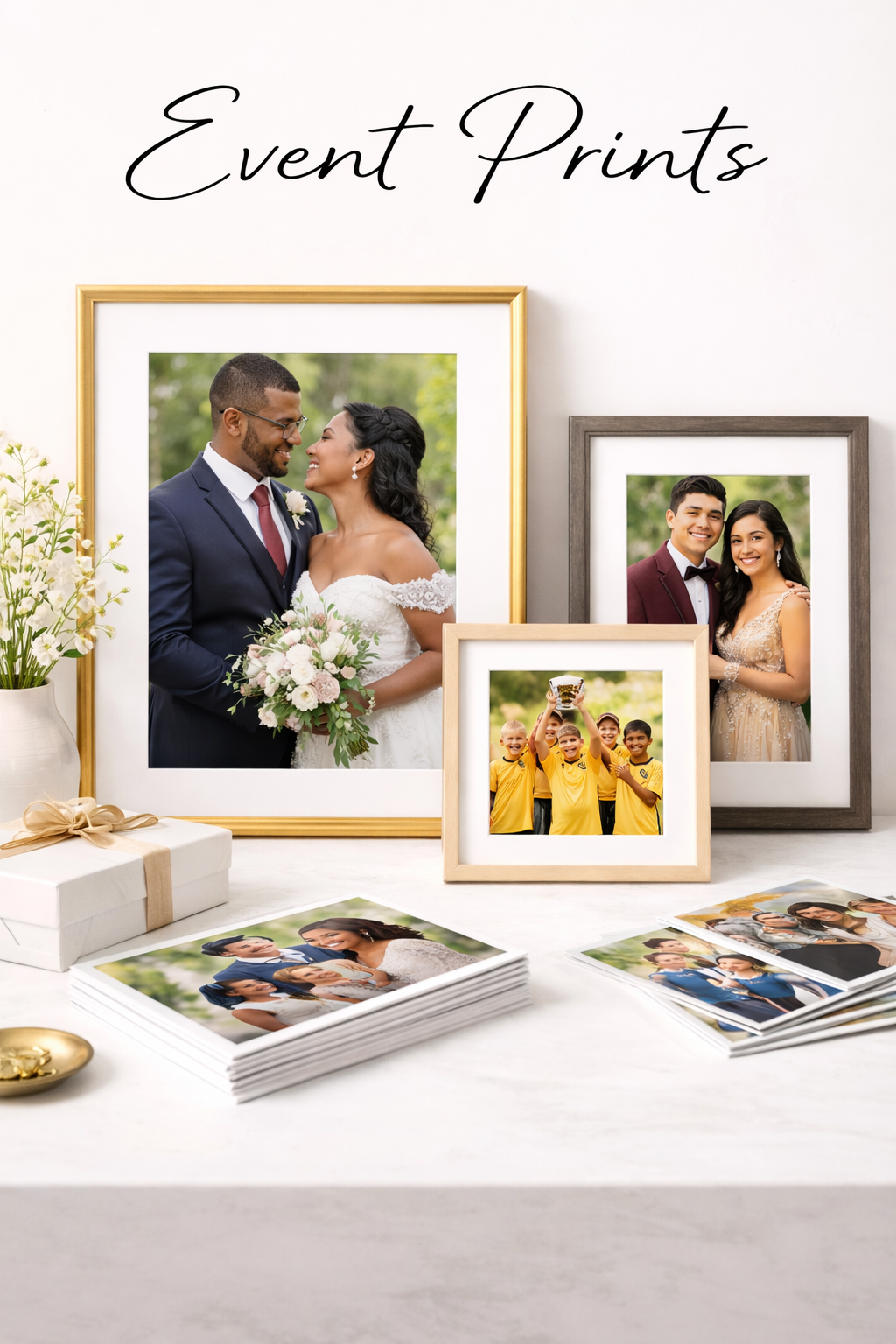 Collection of framed and unframed event prints on a table with a gift box.