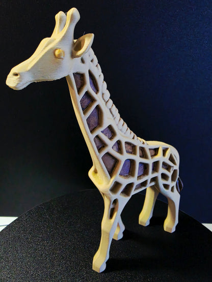 Wooden giraffe toy with a dark blue background