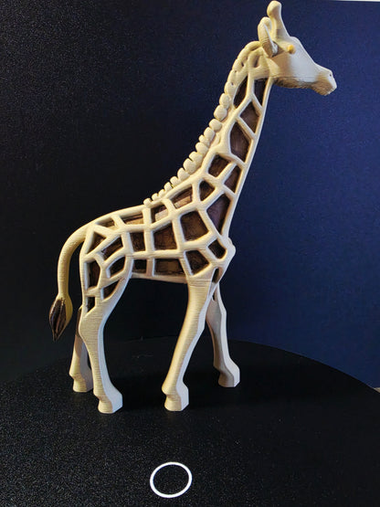 Giraffe sculpture with a lattice structure on a dark background
