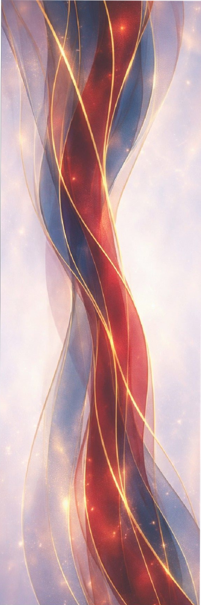 Abstract artwork with wavy lines in red, blue, and gold on a light background