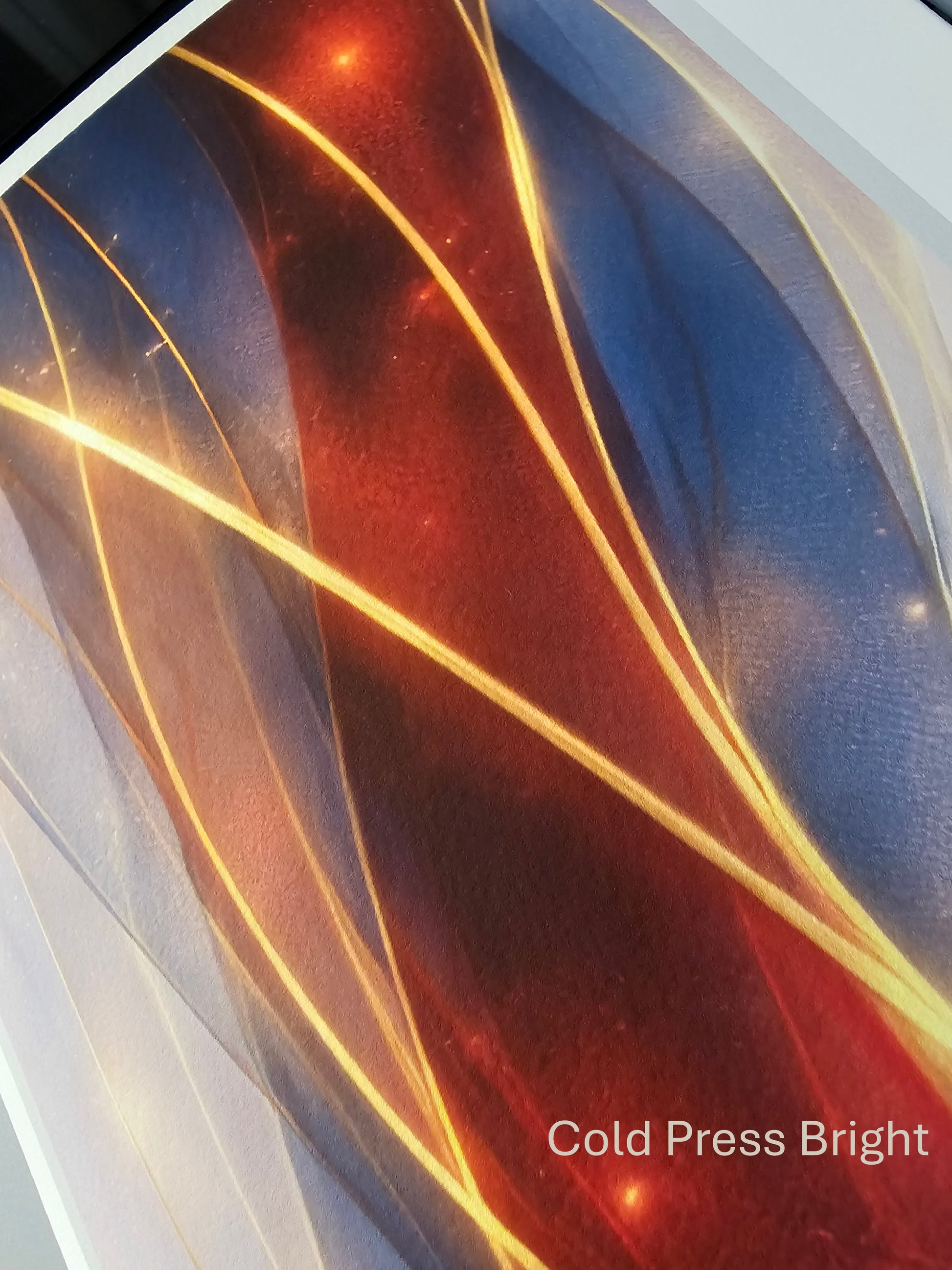 Artistic depiction of a feather with red, blue, and yellow colors on a white background.