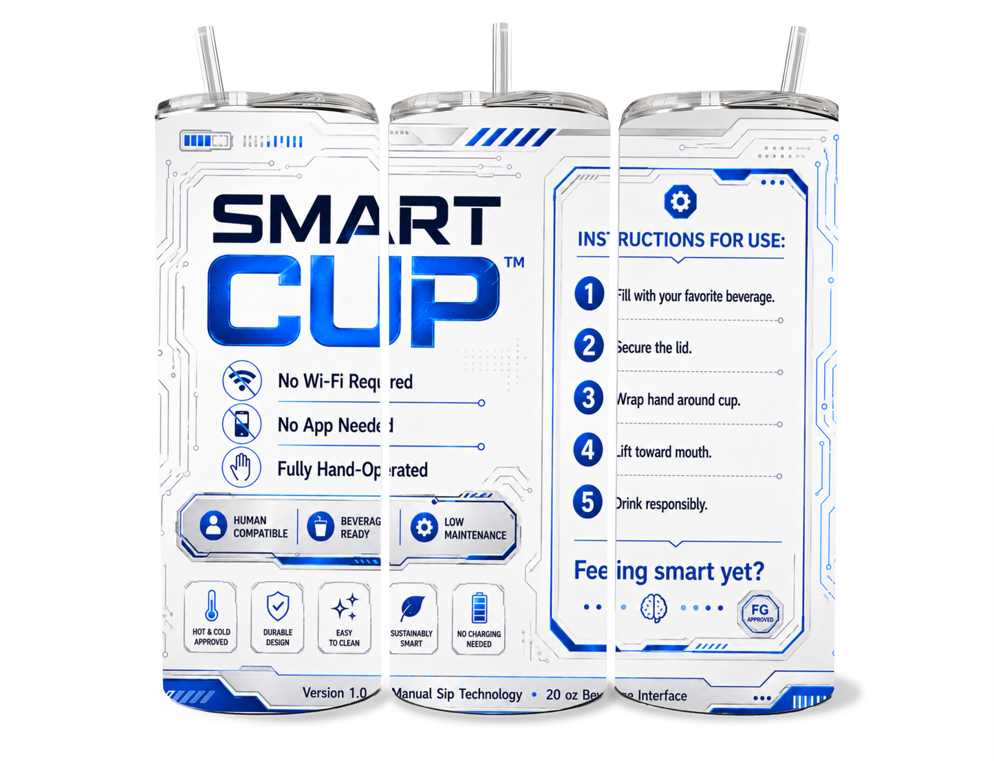 Three smart cups with futuristic design and text on a white background