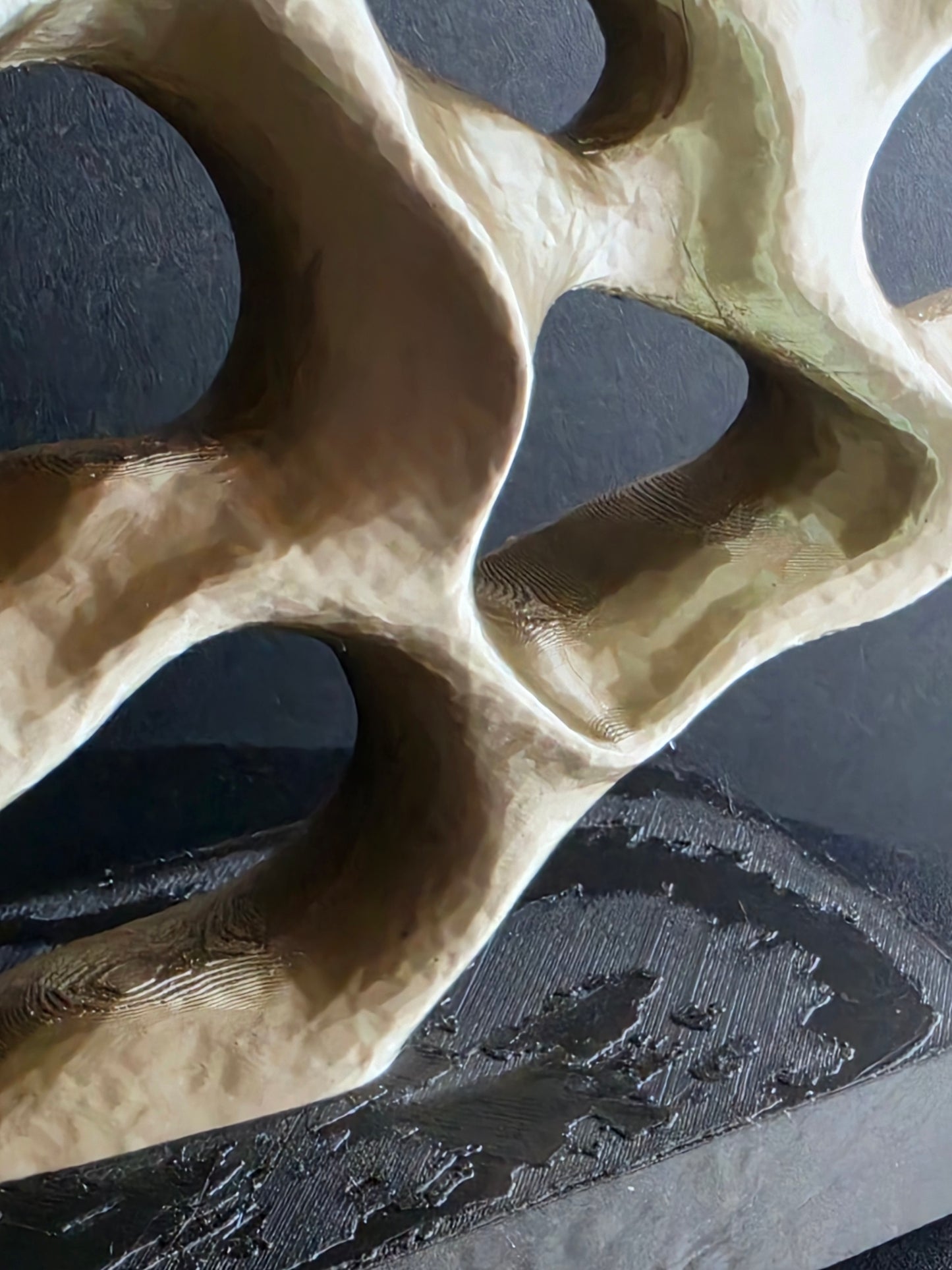 Abstract organic sculptural object with flowing open curves and textured beige surface, photographed close-up against a dark charcoal background.