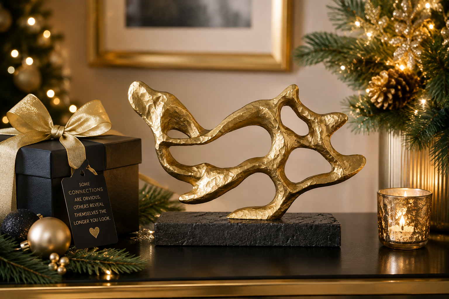 A gold abstract metal sculpture on a dark rectangular base, displayed on a table in a decorated holiday setting with a gift box, ornaments, and Christmas trees.