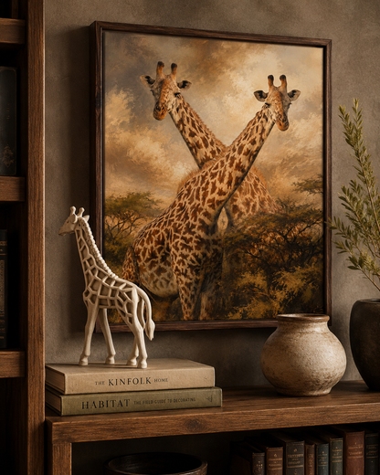 Framed artwork of two giraffes on a shelf with decorative items