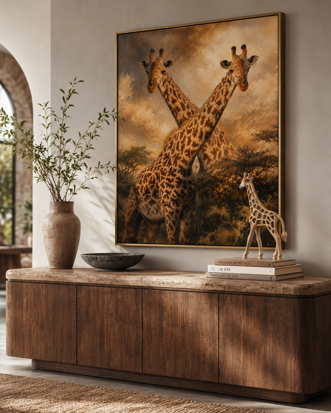 Decorative setting with a painting of two giraffes, a wooden cabinet, and decorative items.