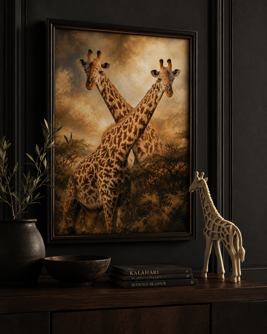 Framed artwork of two giraffes on a dark wall with a small giraffe statue and books below.