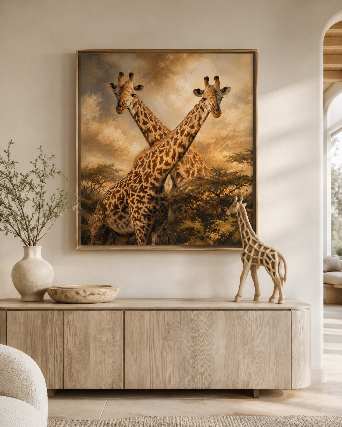 Framed artwork of two giraffes on a wall above a wooden cabinet with a decorative giraffe figure.
