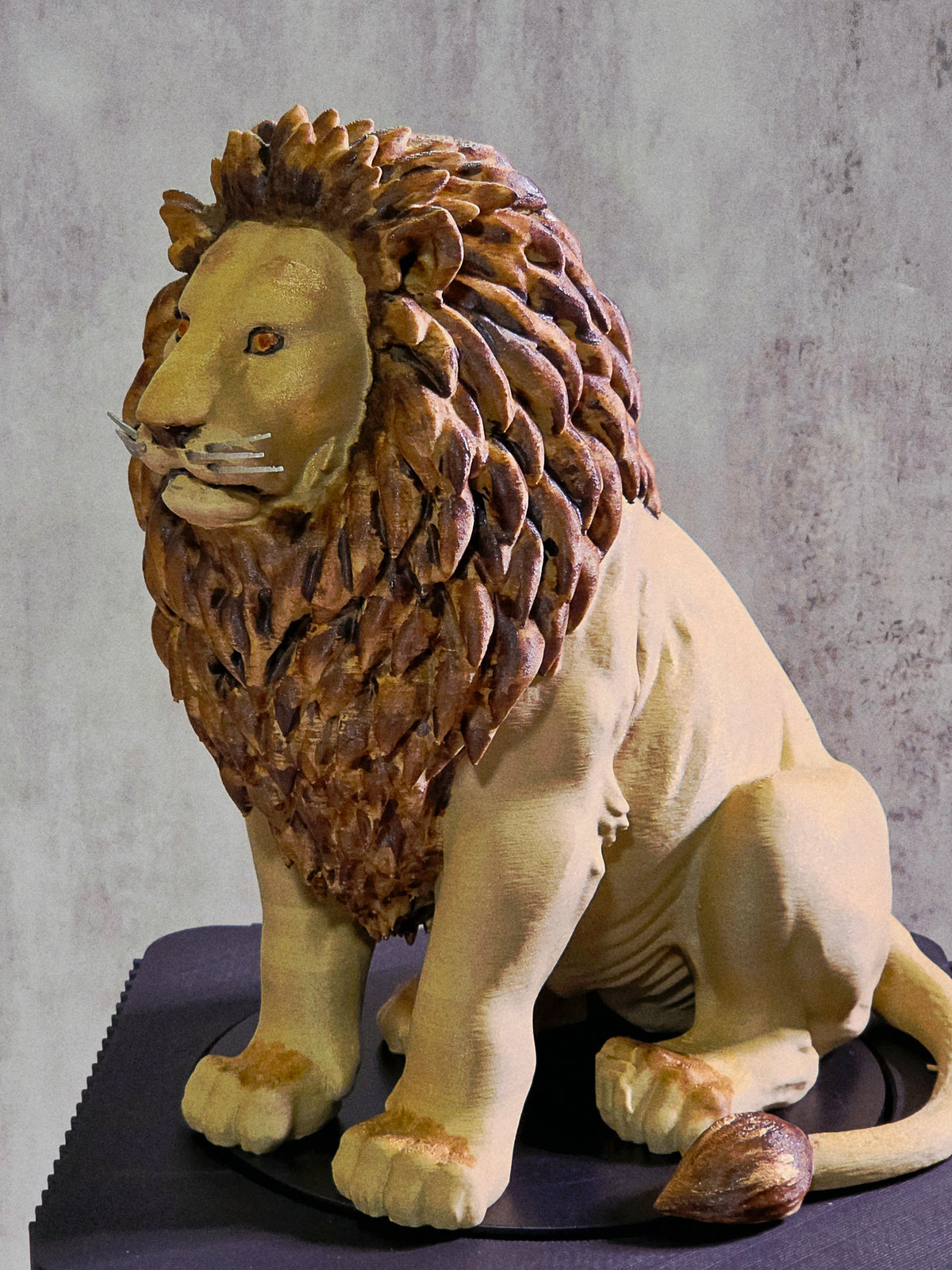Seated Lion with a a painted main sculpture Partial Front view