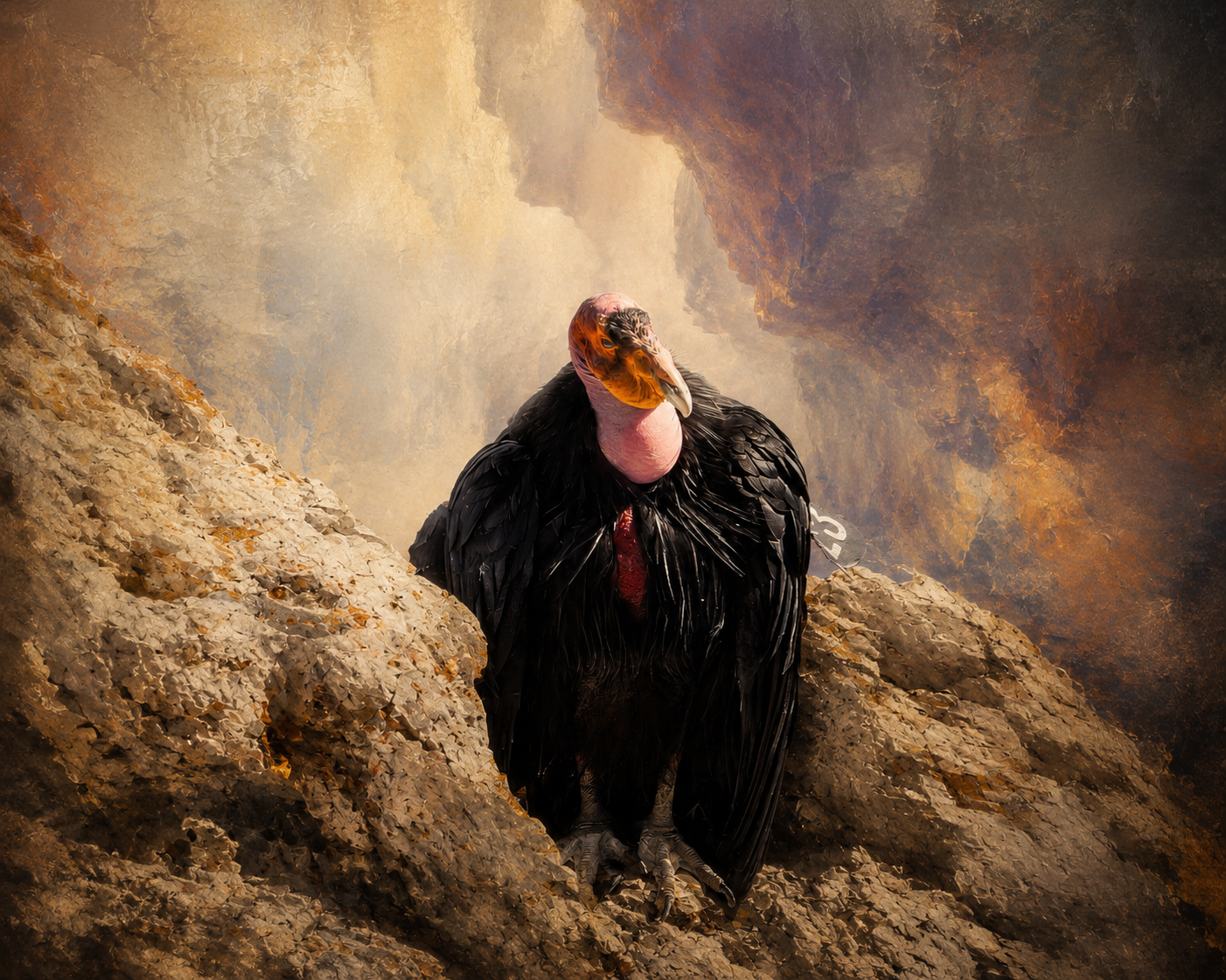 Condor perched on a rocky cliff with a dramatic sky.