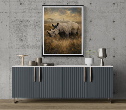 Gray sideboard with decorative items against a gray wall with a framed landscape painting of rhinos.