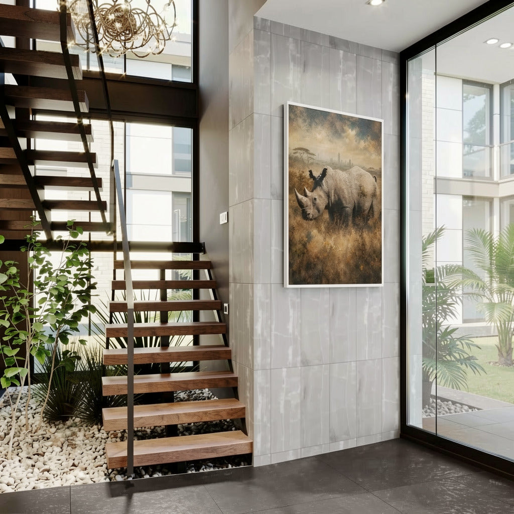 Modern interior with wooden staircase, large windows, and a rhino painting on the wall.
