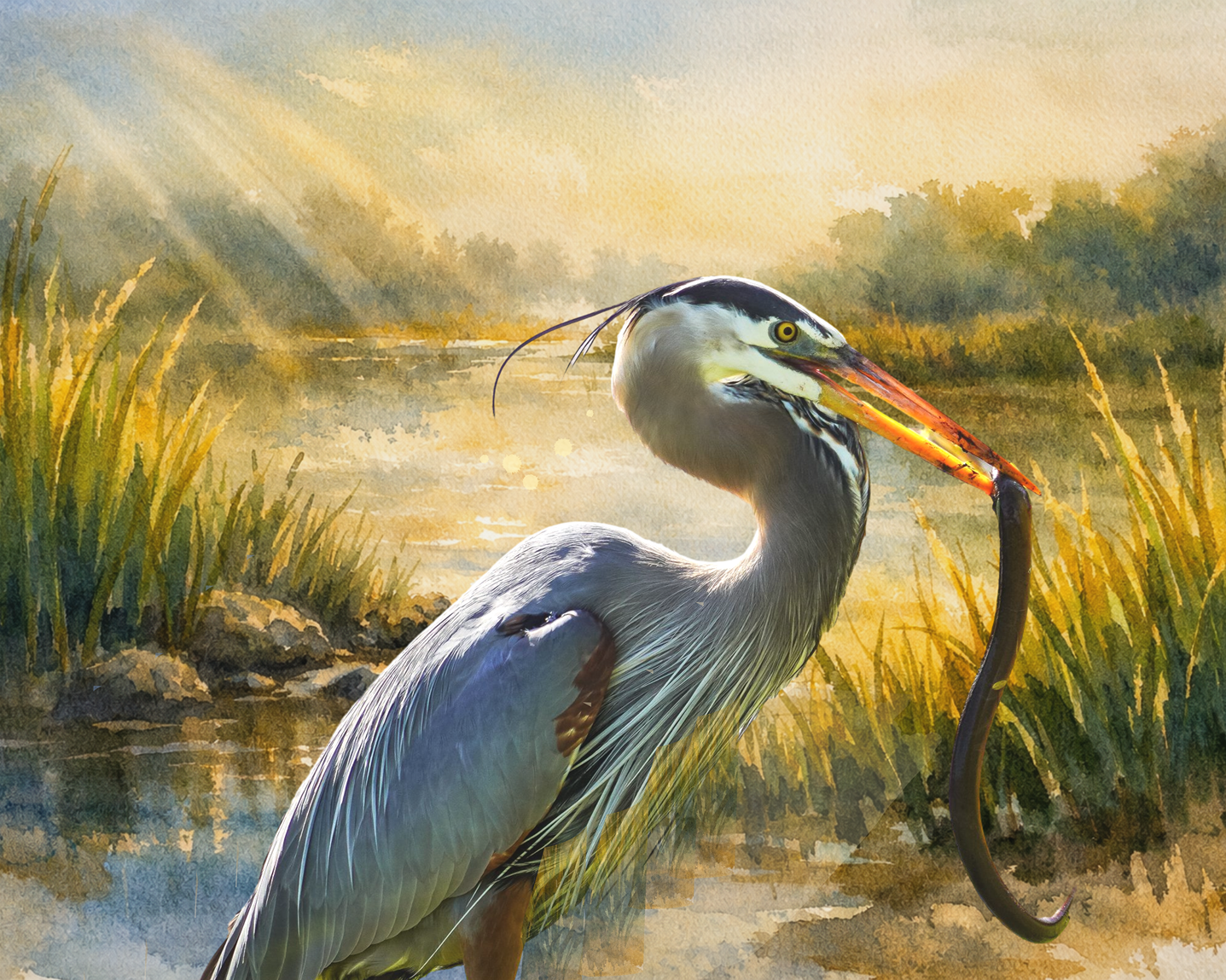 Painting of a heron holding a snake by a body of water with grasses and trees.