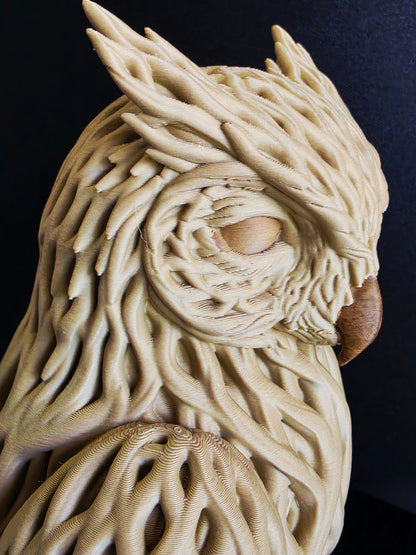 Close-up of a texture wooden sculptured owl with intricate patterns on a dark background