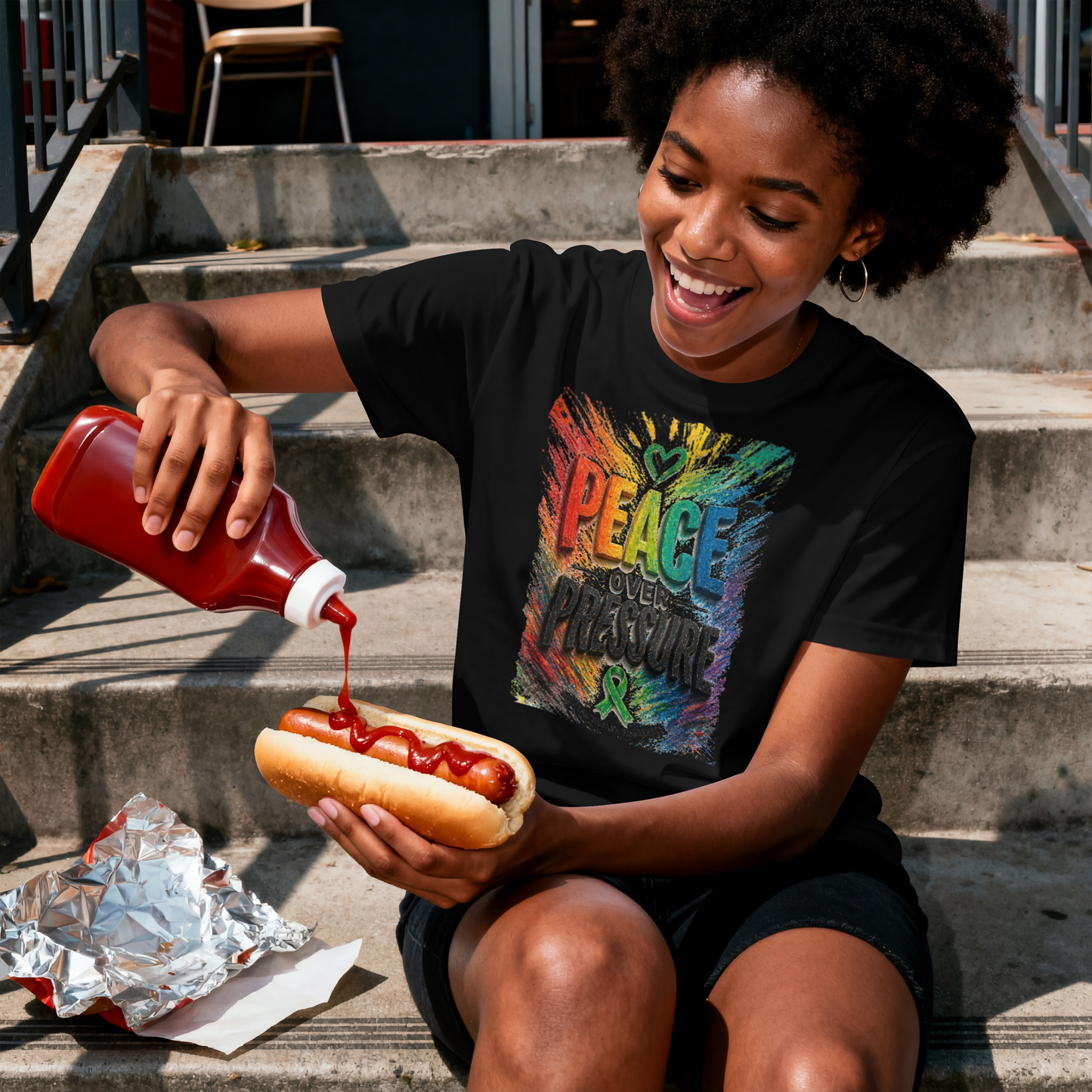 Person pouring ketchup onto a hot dog while wearing a colorful 'Peace Love Happiness' shirt.