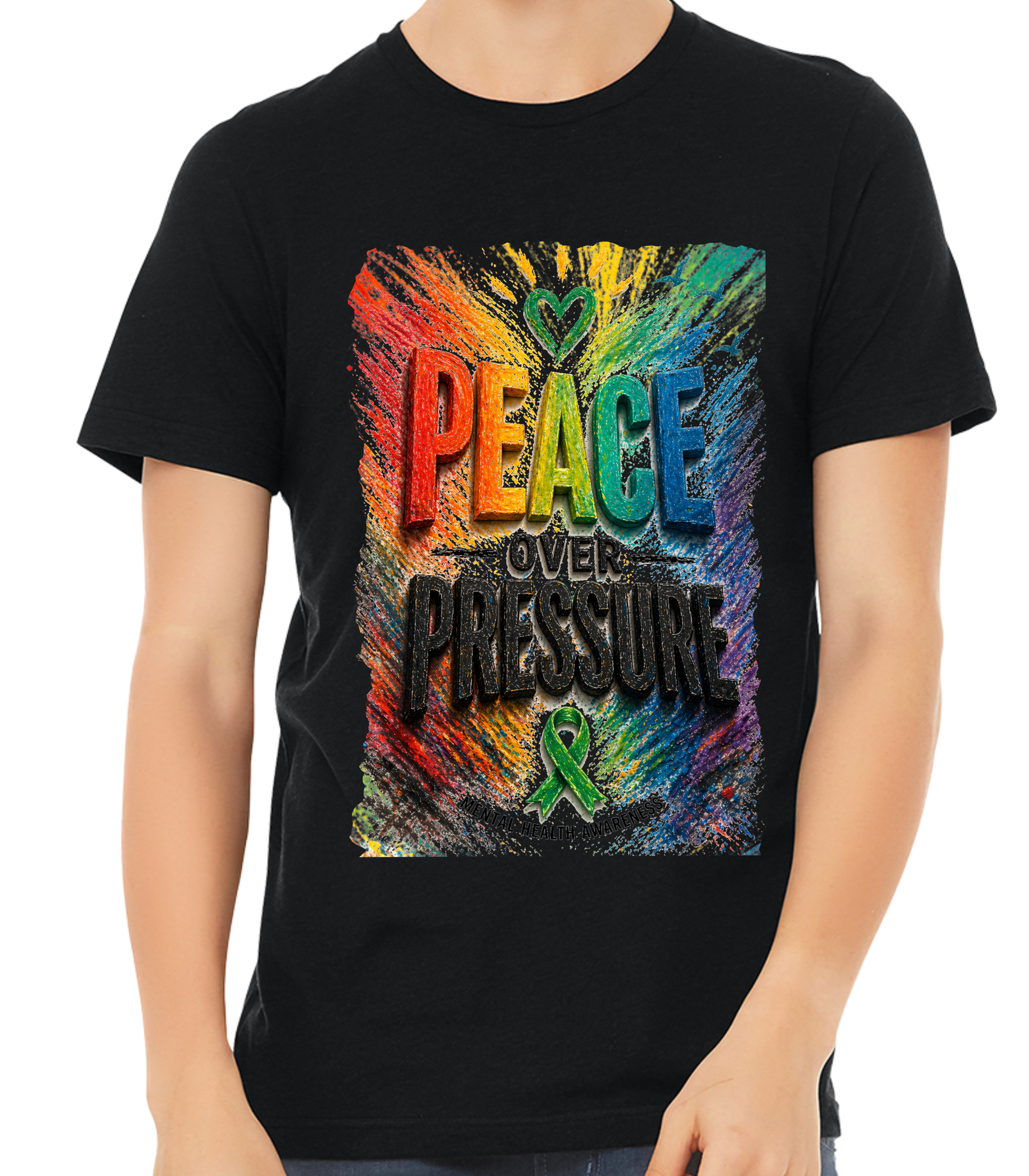 Black t-shirt with colorful 'Peace Over Pressure' design featuring a green ribbon.