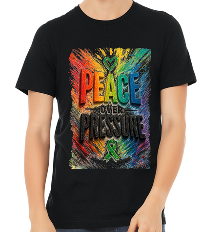 Black t-shirt with colorful 'Peace Over Pressure' design featuring a green ribbon.
