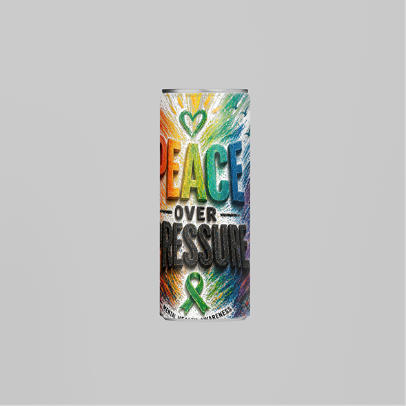 Tumbler with colorful design and text on a gray background