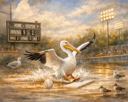 Pelican on a baseball field with a scoreboard and stadium lights in the background